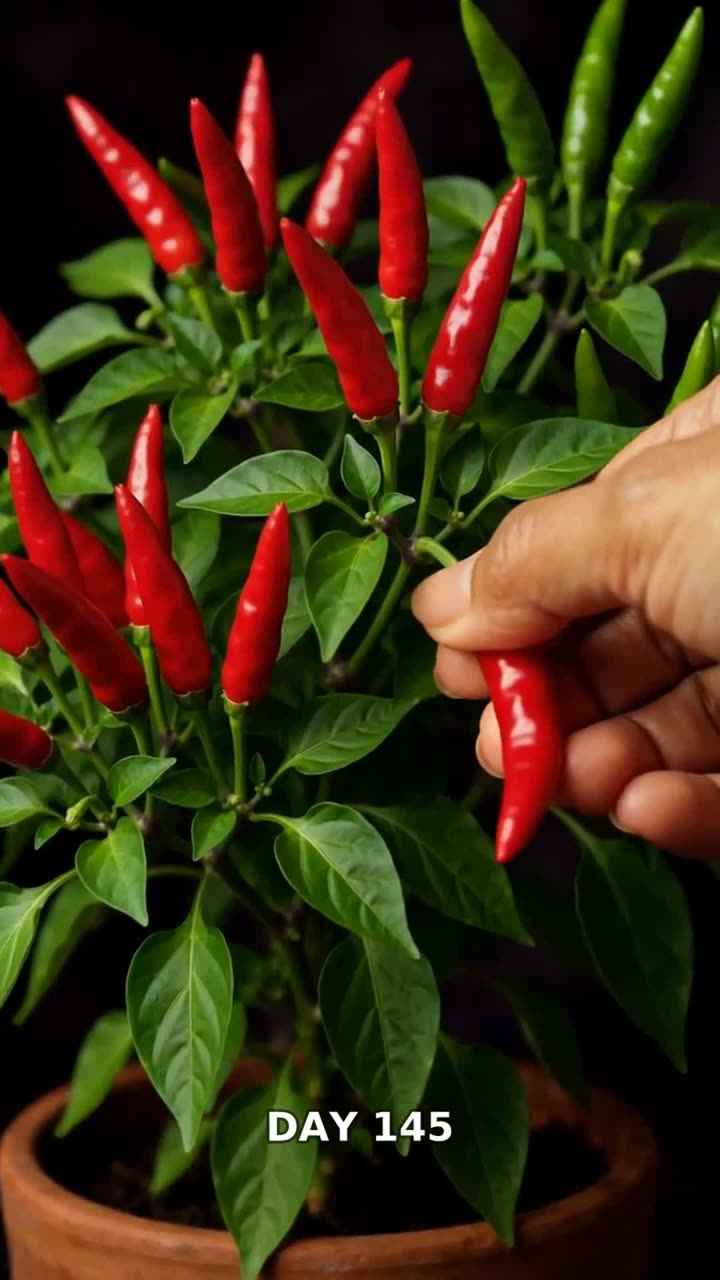 Red chilies ripening on the plant